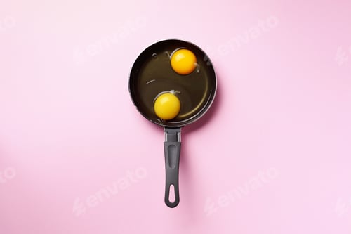 Preview: Food concept with two eggs, pan on pink background. Top view. Creative pattern in minimal style