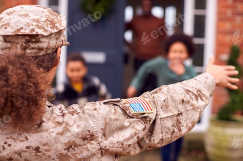 Preview: American Female Soldier In Uniform Returning Home To Family On Hugging Children Outside House