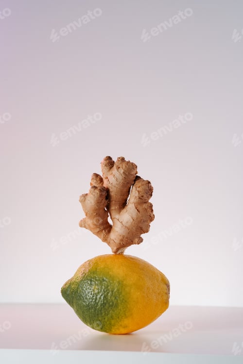Preview: Lemon and ginger root on white background