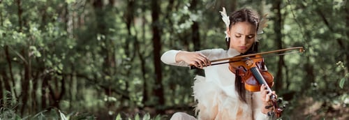 Preview: panoramic view of brunette woman in white swan costume playing on violin