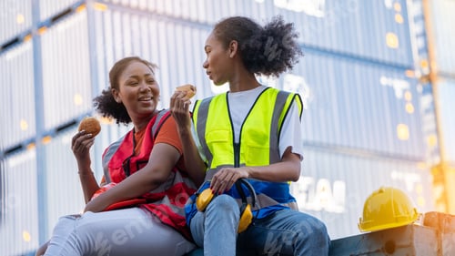 Preview: smile two African american woman foreman worker eats bread snacks and water during brunch break