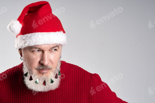 Preview: Close up portrait of attractive middle aged man with decorated beard wearing Christmas hat and red