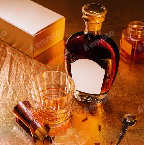 Preview: Bottle of liquor with blank label and a glass of alcohol on gold background