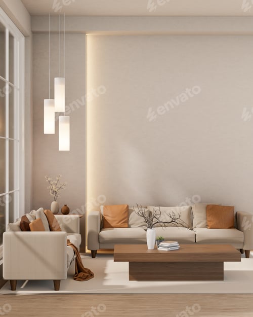 Preview: Cylindrical lamps hanging over sofa couch with wooden table on carpet floor in a modern living room.