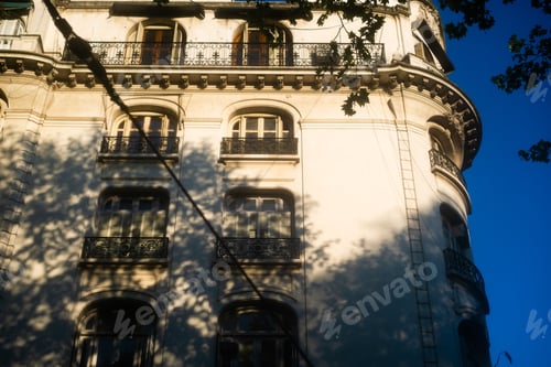 Preview: Ornate vintage building facade with tree shadows