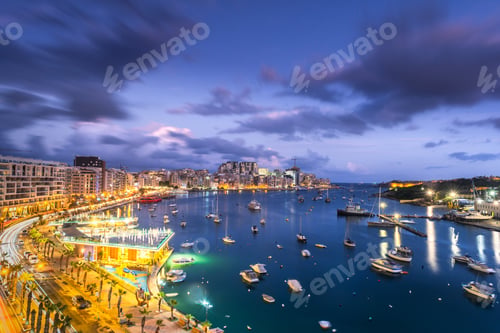 Preview: Night panoramic cityscape of Sliema Bay in Malta
