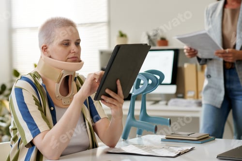 Preview: Woman with injury reading contract on tablet pc