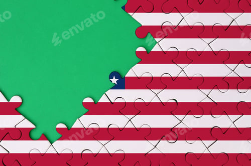 Preview: United States of America flag is depicted on a completed jigsaw puzzle with free green copy space on