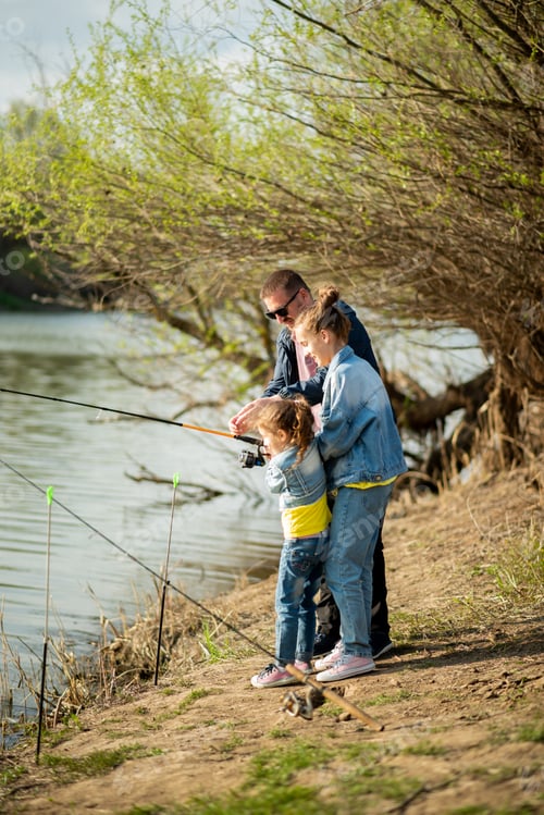 Preview: A dad and his two daughters are fishing in the river.