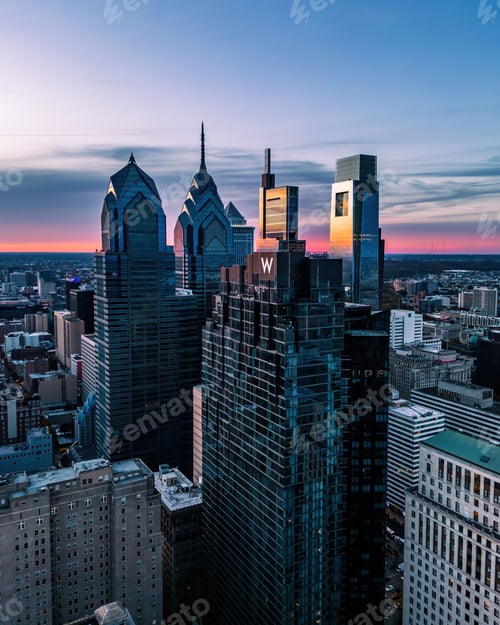 Preview: Aerial view of modern skyscrapers at sunset in Philadelphia, Pennsylvania
