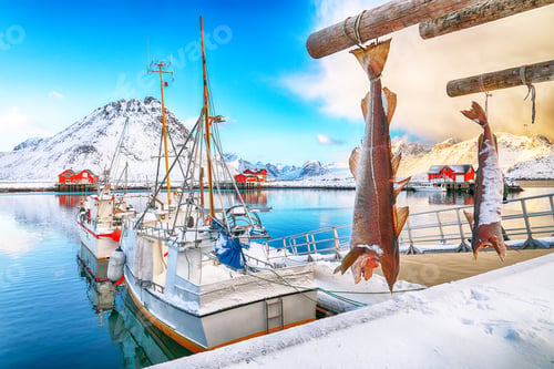 Preview: Captivating morning view of small fishing village Ramberg at sunrise.