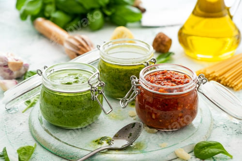 Preview: Types of Pesto in Jars. Italian Homemade Healthy Food