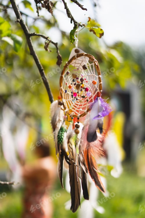 Preview: Dreamcatcher hanging on a tree. Boho chic, ethnic amulet