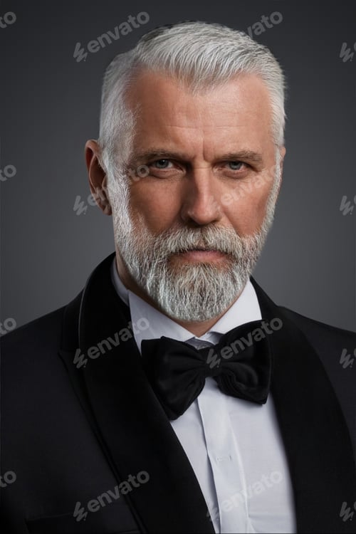 Preview: The distinguished old man stands confidently in a black suit