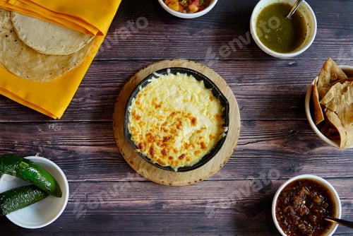 Preview: High angel closeup shot of melted cheese on the wooden bowel