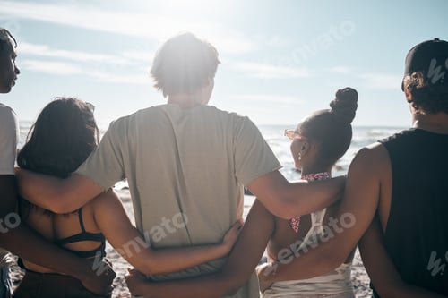 Preview: People, back or standing hug by beach, ocean or sea in social gathering, group vacation or relax su