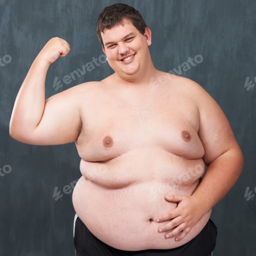 Preview: Big, strong and sexy. Studio shot of an obese young shirtless man flexing his bicep.