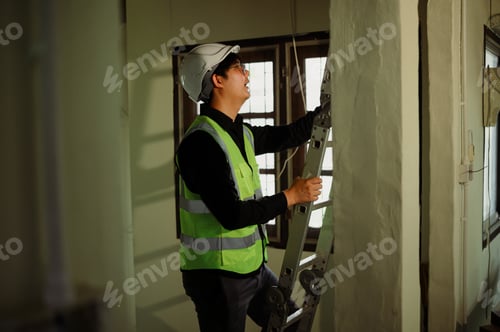 Preview: Site inspector climbing ladder for ceiling inspection in renovation site