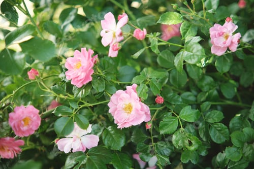 Preview: Rose bush in the garden. Blooming small pink roses.