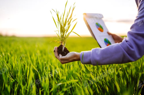 Preview: Hand of expert farmer collect soil and checking soil health before growth a seed of vegetable.