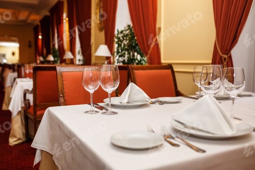 Preview: banquet table with appliances in an elite luxury restaurant