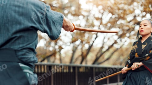 Preview: Sensei, bamboo sword and Asian woman in city for martial arts, Kendo practice and exercise. Culture
