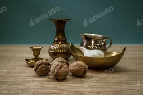 Preview: Closeup shot of still-life with coffee drip set and nuts on the wooden surface