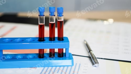 Preview: Test tubes on a stand and a flask with red blood on medical documents