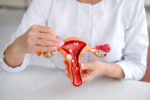 Preview: Close-up anatomical model of the structure of the female uterus in the hands of doctor