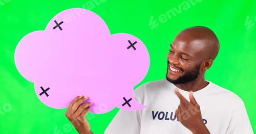 Preview: Black man, speech bubble and volunteer on green screen, voice and communication with tracking marke