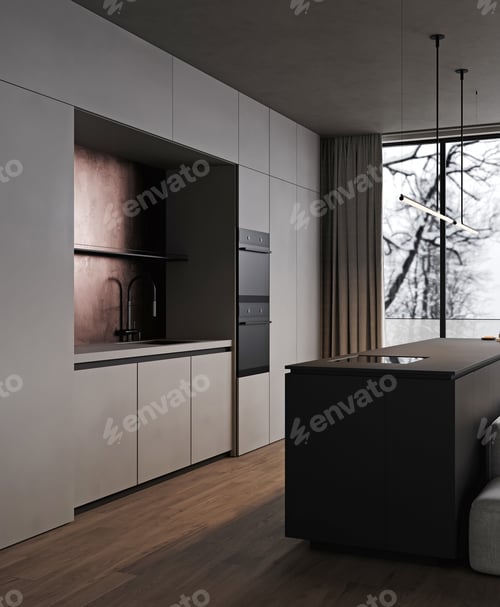 Preview: Modern dark kitchen room interior with furniture and kitchenware, grey, black kitchen