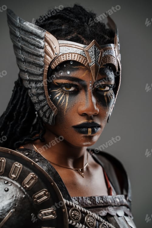 Preview: Headshot of antique female warrior dressed in armoured clothes
