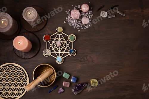 Preview: Healing chakra crystal grid therapy. Rituals with gemstones and aromatherapy for wellness, healing