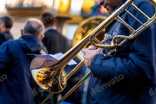 Preview: Wind instrument music band making music on the street.
