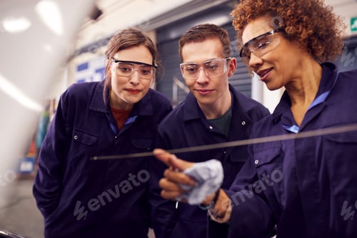 Preview: Female Tutor With Students Checking Oil Level In Car Engine On Auto Mechanic Course At College