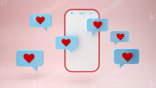 Preview: Smartphone and heart sign notification bubbles on pink background 3d illustration