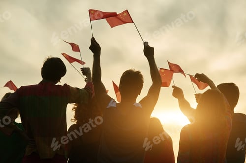 Preview: Group of people waving chineese flags.