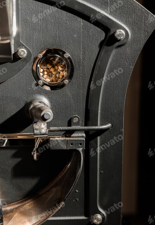 Preview: Coffee processing. Roastery, roasting machine and fresh beans