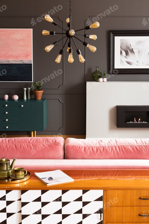 Preview: Wooden cupboard in grey living room interior with lamp, green ca