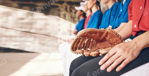 Preview: Sports, hand and athlete with a glove for baseball, watching game and team together. Fitness, train