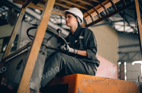 Preview: Female robotic technician schedules maintenance and runs forklift, in inclusive workplace.