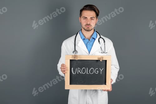 Preview: Male doctor holding chalkboard with word UROLOGY on grey background