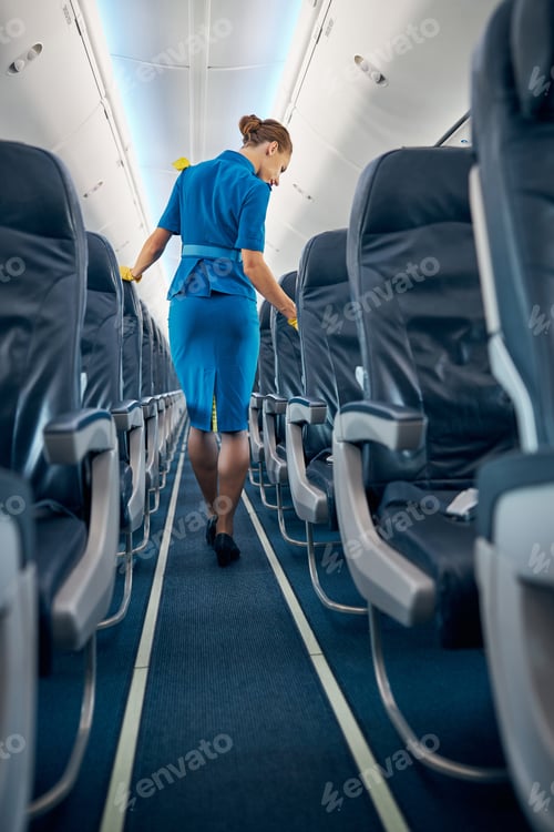 Preview: Stylish woman dressed suit walking on the board of big salon of commercial airplane