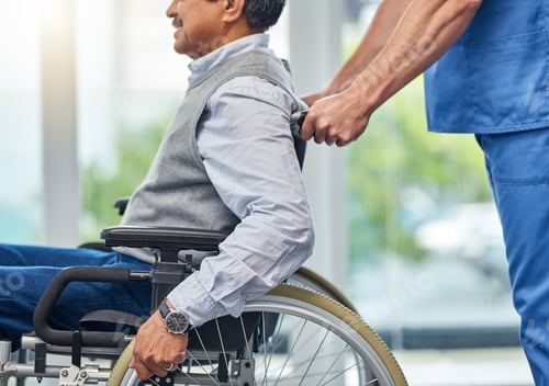 Preview: Shot of a nurse helping a senior man in a wheelchair