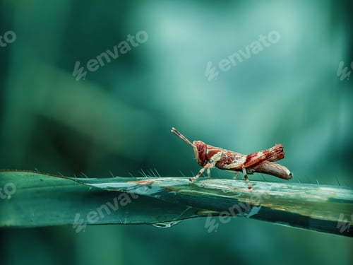 Preview: Macro shot of a grasshopper on a green leaf