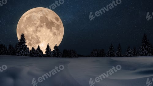 Preview: Amazing beautiful big moon in the night sky with stars and winter forest with snow