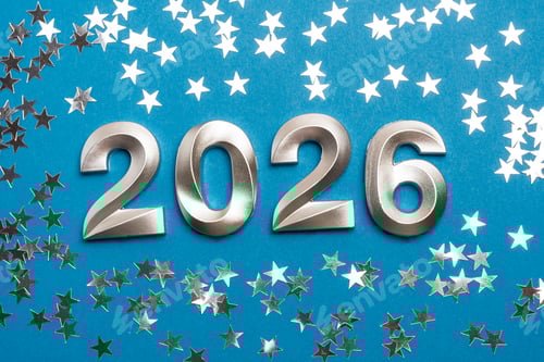 Visualização: Números metálicos de 2026 com confetes prateados em fundo azul