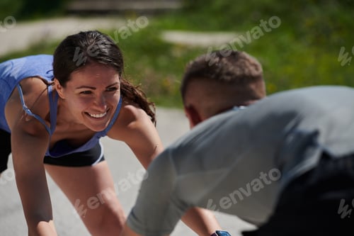 Preview: Exercise, mockup and couple workout and stretch together outdoors in nature by a mountain for health