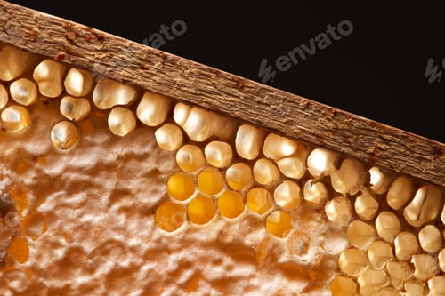 Preview: Organic honey in wax comb on a black background with copy space. Macro photo