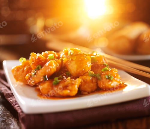 Preview: colorful chinese sesame chicken dish with lens flare